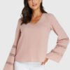 YOINS Pink V-neck Lace Insert Long Sleeves Blouse 3