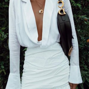 White Criss-cross Ruffle Hem Lapel Collar Long Sleeves Dress