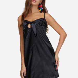 Black Bowknot Backless Design V-neck Satin Dress