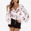 White Crossed Front Random Floral Print V-neck Stretch Waistband Crop Top 3