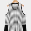 Black Cut Out Stripe Cold Shoulder Long Sleeves T-shirts 3