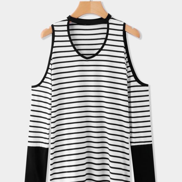 Black Cut Out Stripe Cold Shoulder Long Sleeves T-shirts 2