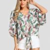 YOINS White Knotted V-neck Tropical Leaf print Blouse 3