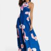 Blue Random Floral Print Halter Neck Open Back Slit Maxi Dress 3