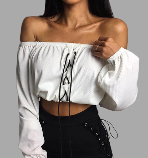 White Off-the-shoulder Long Sleeves Crop Top 2