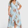 Plus Size Blue Ruffle Trim Random Floral Print Wrap Design Dress 3