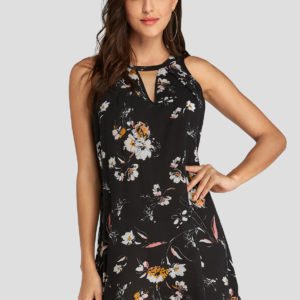 Random Floral Print Cutout Design Mini Dress In Black