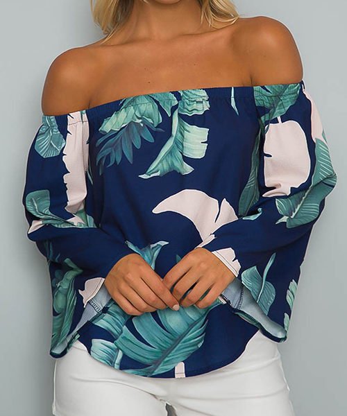 Navy Off-The-Shoulder Floral Print Flared Sleeves Top with Tie 2