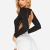 Black Round Neck Long Sleeves Backless Lace Details Bodysuit 3