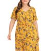 Plus Size Yellow Tie-up Design Calico V-neck Short Sleeves Dress 3