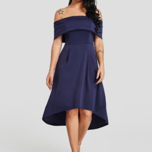 Dark Blue Off the Shoulder Overlay Invisible Zipper Design Dress