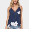 Navy Random Floral Print V-neck Cami with Zipper Design 3