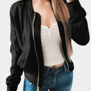 Black Classic Long Sleeve Zipper Details Flight Jacket