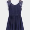 Blue Lace Insert Plain V-neck Sleeveless Mini Dress 3