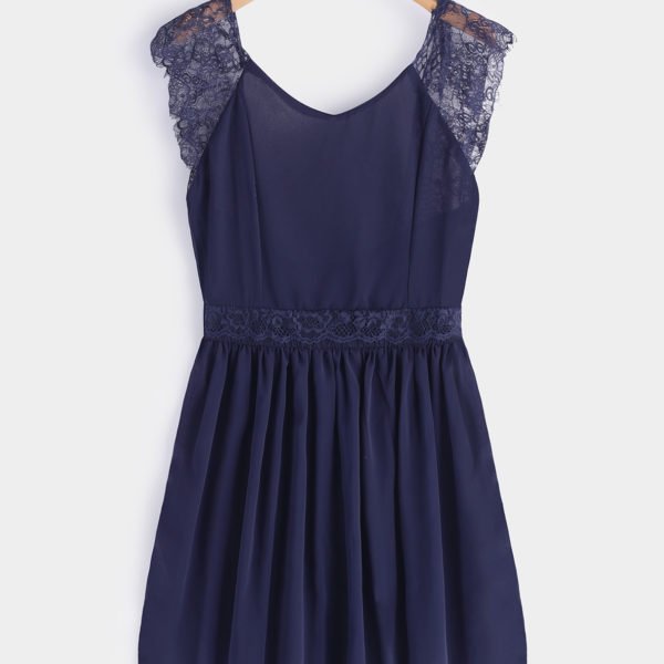 Blue Lace Insert Plain V-neck Sleeveless Mini Dress 2