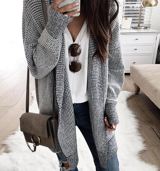 Grey Check Open Front Knit Cardigan 2