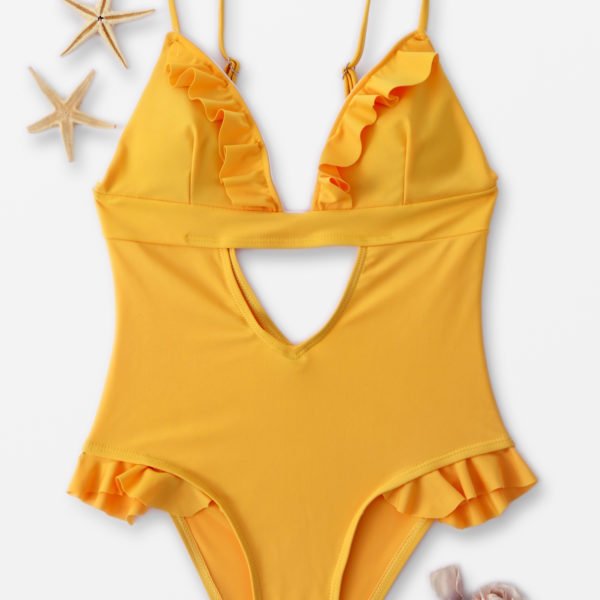 Yellow Ruffle Design Cut out Front Backless Swimwear 2