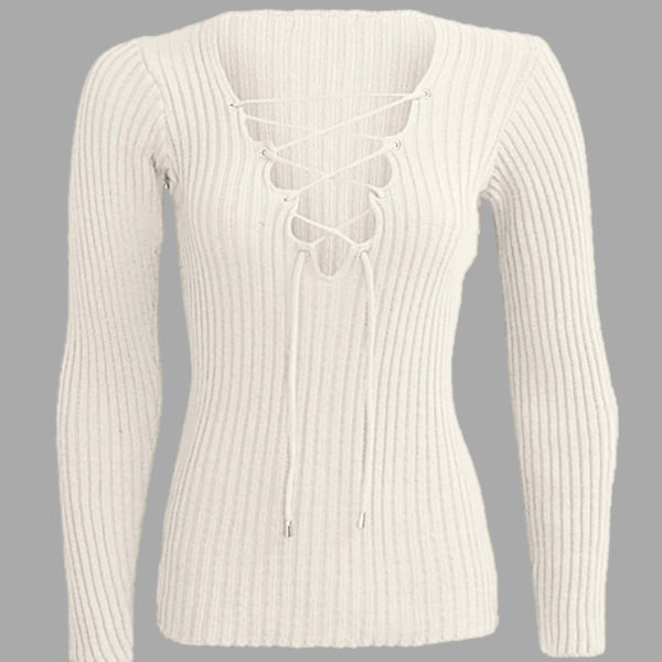 Beige Plunge Lace-up Knit Sweater with Long Sleeves 2