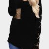 Black Lace-up Design Plain Round Neck Long Sleeves T-shirt 3