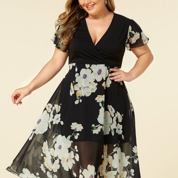 Plus Size Black Random Floral Print Wrap Design Dress 2