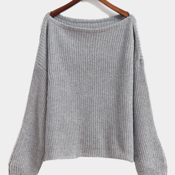 Ladies Grey Round Neck Long Sleeve Top Knit Sweater 2