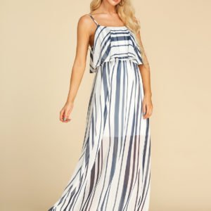 White Double Layer Stripe Square Neck Sleeveless Dress