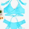 Sky Blue Lace Up Details Crossed Front Halter Bikini 3
