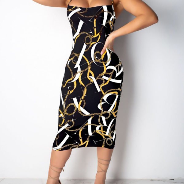 Black Backless Scarf Print Criss-cross Sleeveless Spaghetti Strap Dress 2