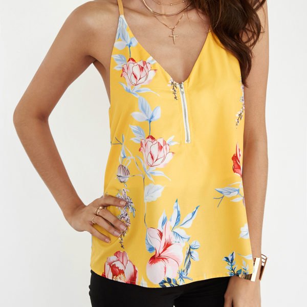 Yellow Random Floral Print V-neck Cami Top with Zipper Design 2