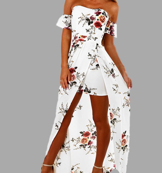 White Off Shoulder Random Floral Print Slit Dress 2