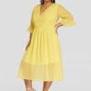 Plus Size Yellow Crochet Lace Bell Sleeves Drawstring Waist Dress 3