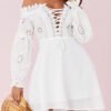 Yoins White Lace-up Design Off The Shoulder Long Sleeves Dress 3