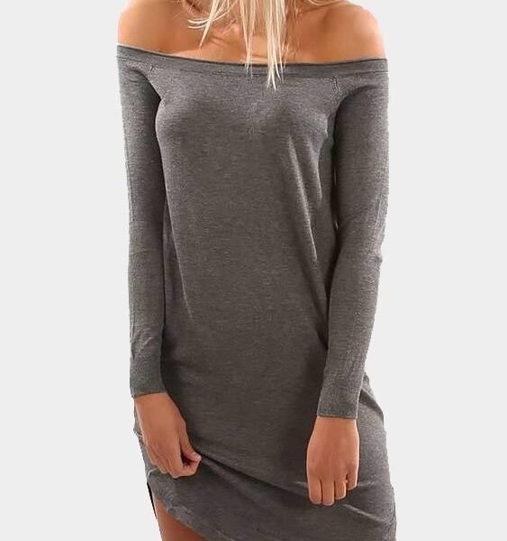 Grey Off-The-Shoulder Curved Hem Mini Dress 2